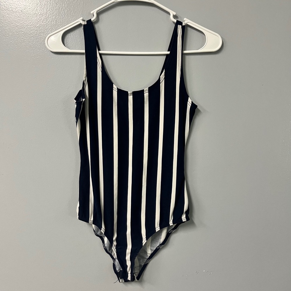 Charlotte Russe Bodysuit XS Navy Blue White Striped Sleeveless Snap Crotch Top
